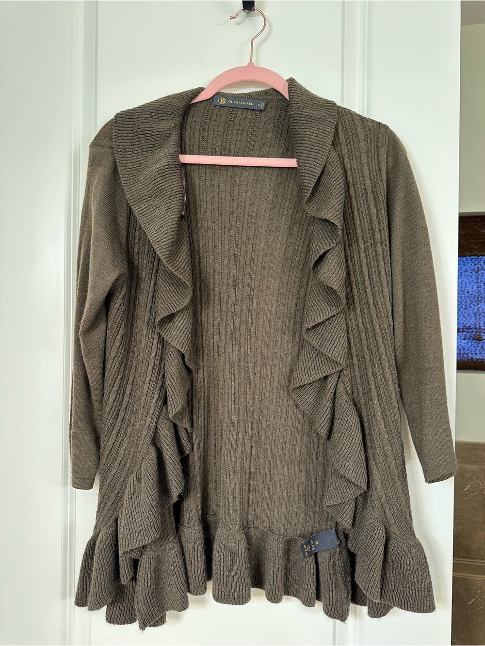 Outback Red Olive Ruffle-Front Open Cardigan